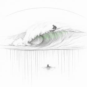 Line drawing of a surfer riding a large breaking wave and a swimmer treading water below.